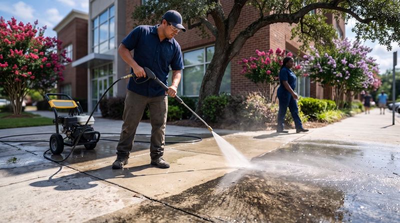 Pressure washing a commercial sidewalk