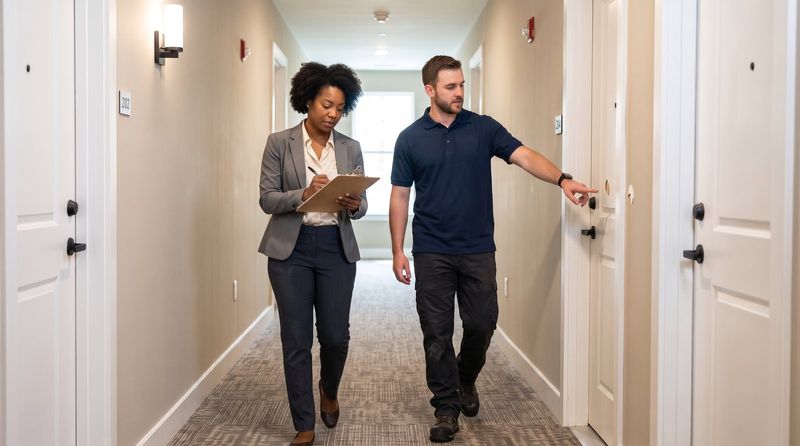 Technician and property manager walking a punch list